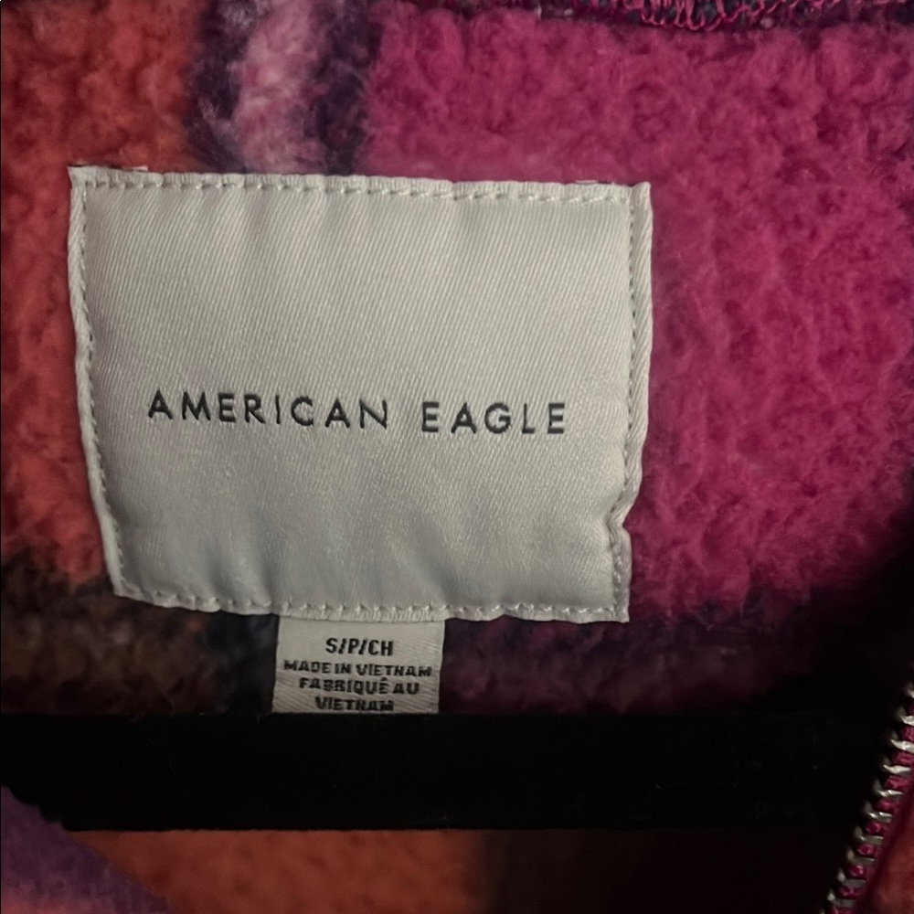 American Eagle Plaid Fleece Pullover Pink Orange cropped woman’s small - Picture 4 of 7